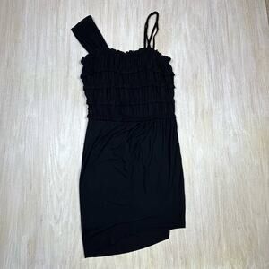 Anthropologie Leifnotes Black One Shoulder Ruffle Divergent Mock Wrap Dress S